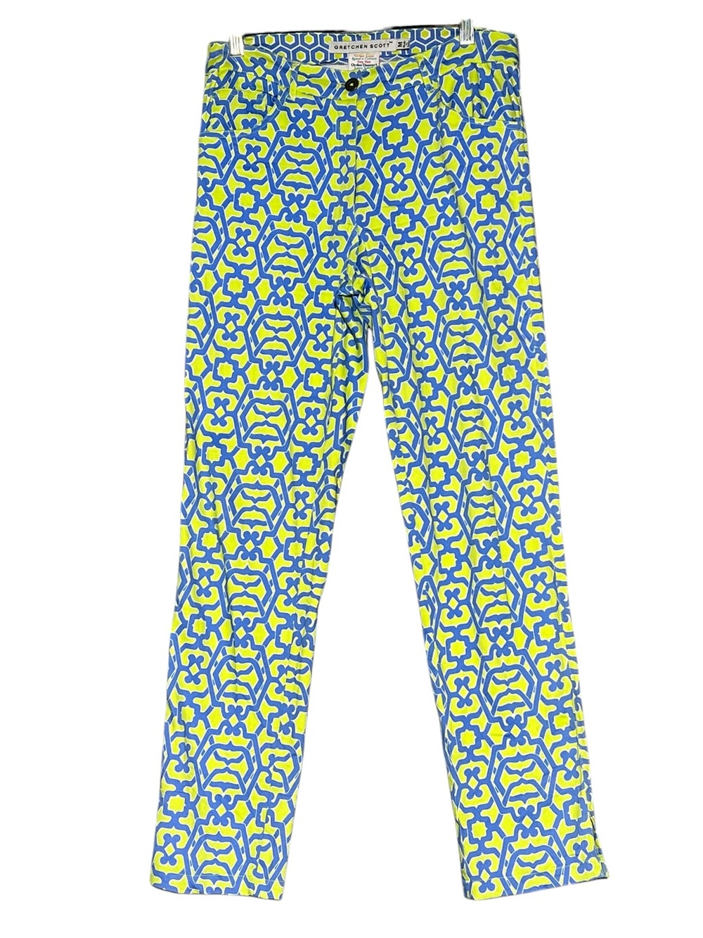 GRETCHEN SCOTT Gripeless Pants Blue Green Floral Geo Stretch Ankle Size M - Picture 2 of 13